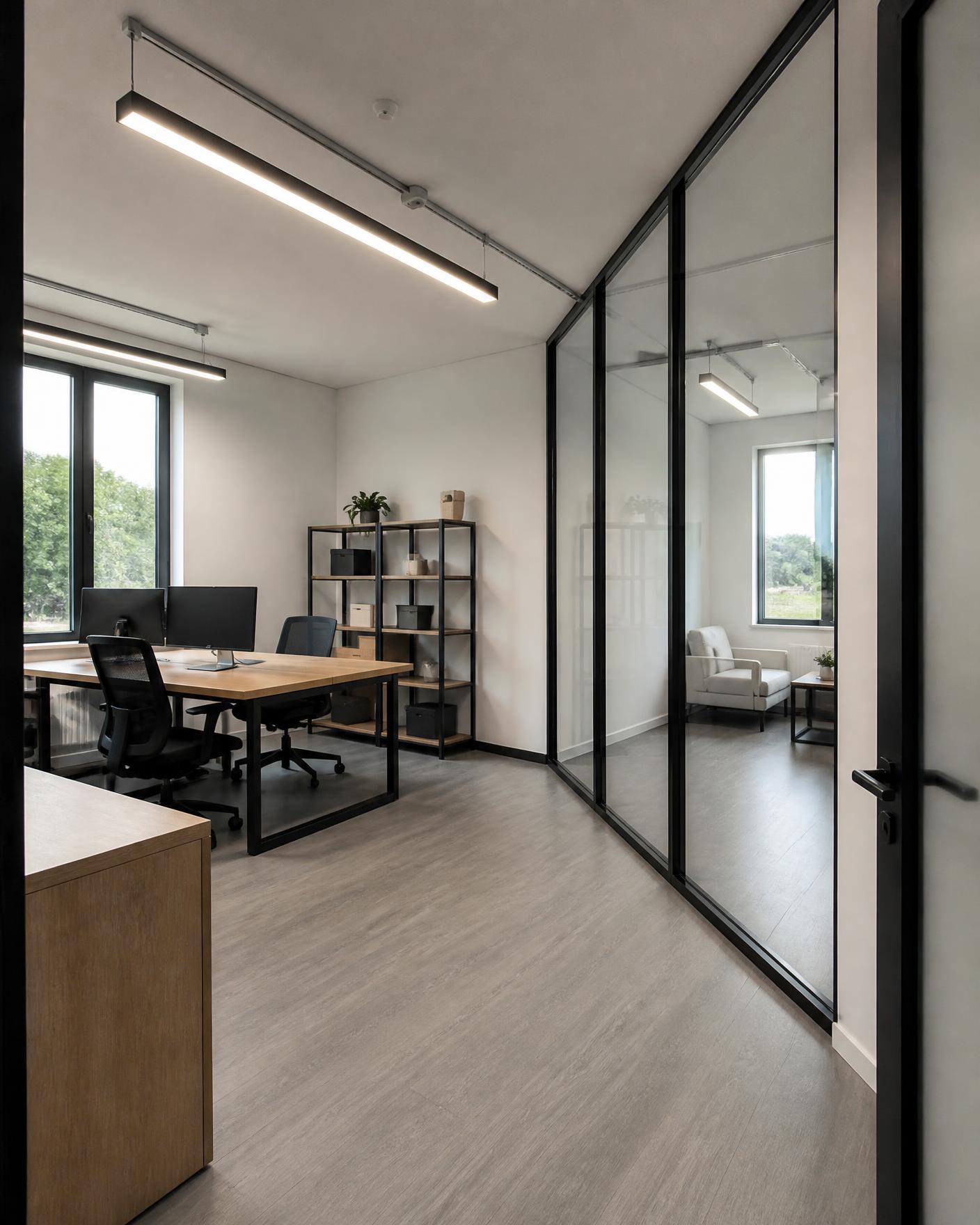 Renovated office space with glass partition and new flooring