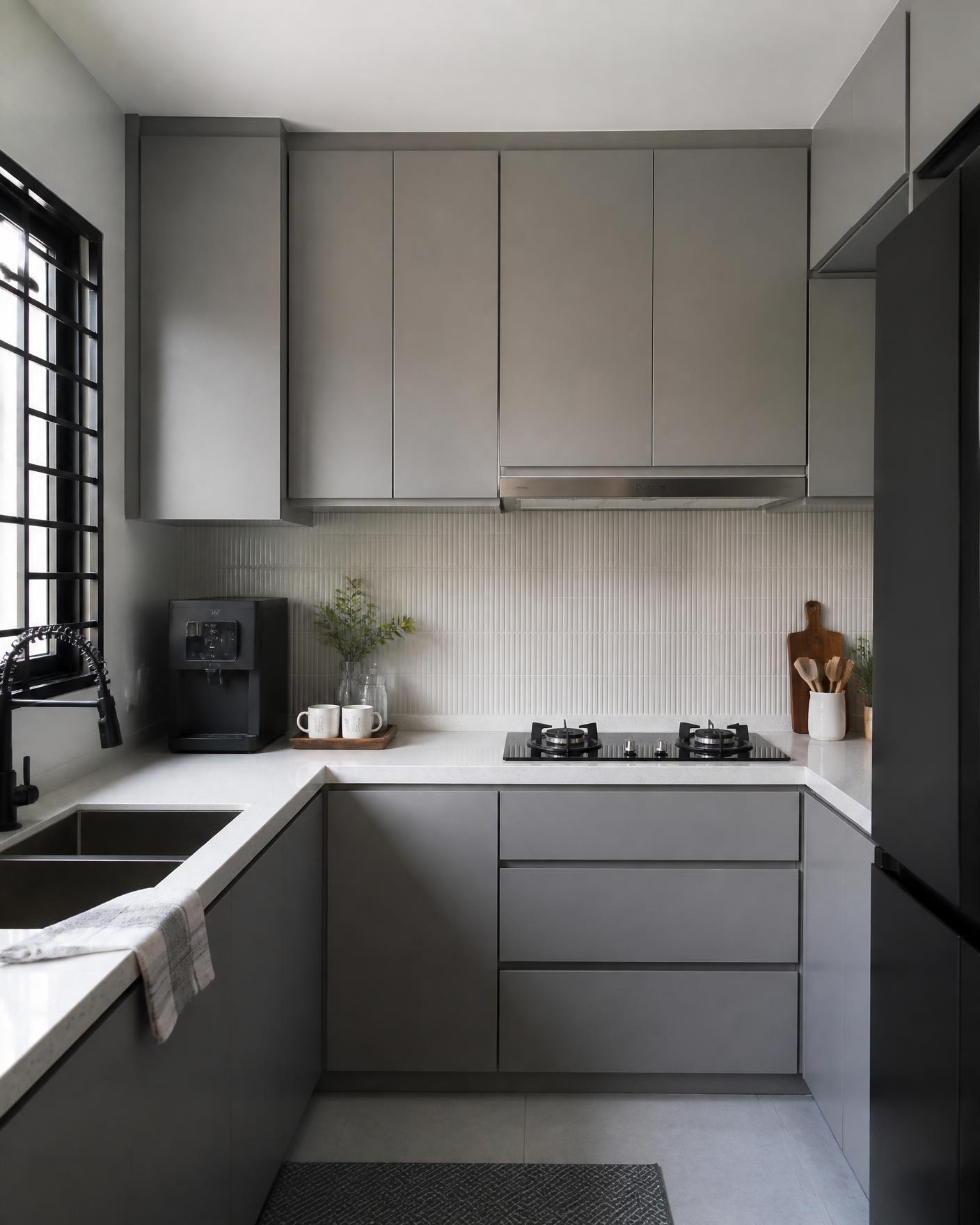 Renovated kitchen with matte cabinetry and stone countertop