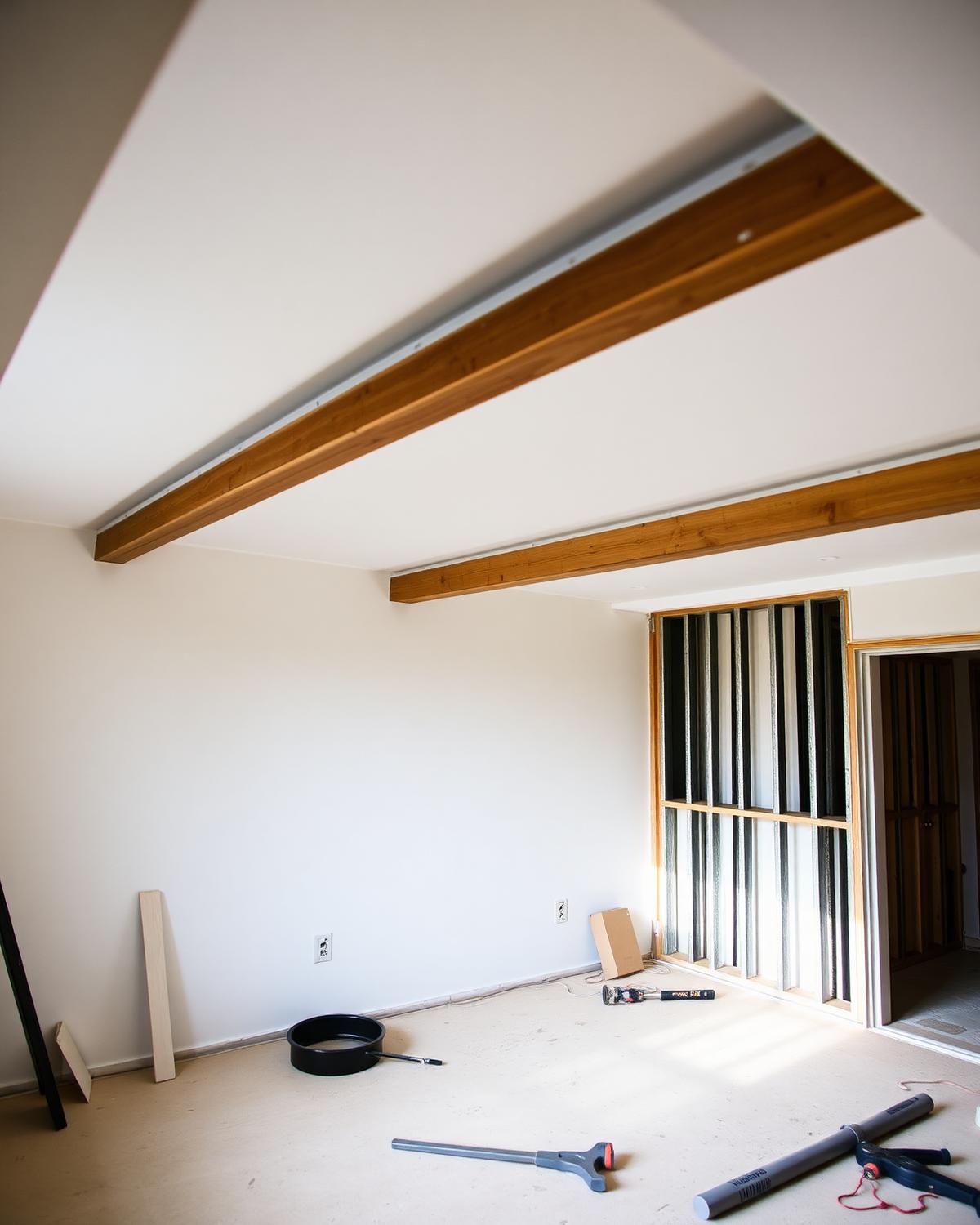 Plaster ceiling and wall works in progress on a renovation site